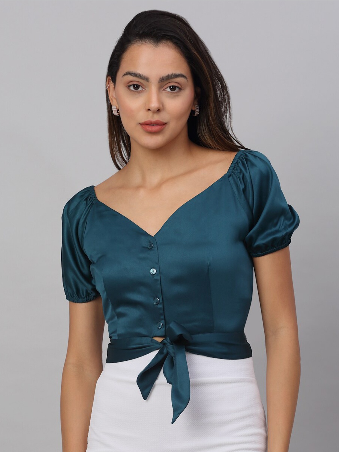 

NEUDIS Women Green Solid Waist Tie Up Satin Crop Top