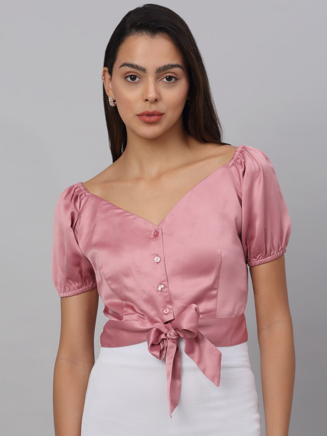 

NEUDIS Pink Floral Satin Crop Top