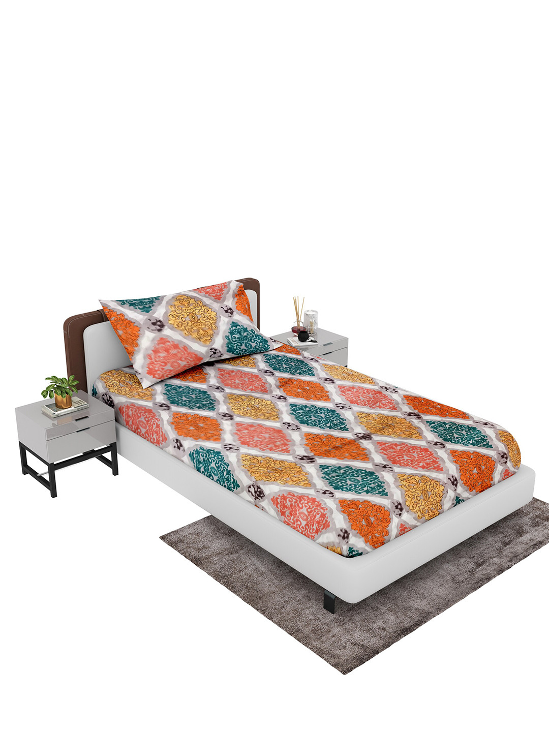 

LABHAM White & Orange Ethnic Motifs 180 TC Single Bedsheet with 1 Pillow Covers