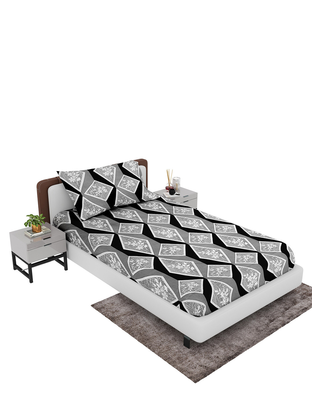 

LABHAM Grey & Black Floral 180 TC Single Bedsheet with 1 Pillow Covers