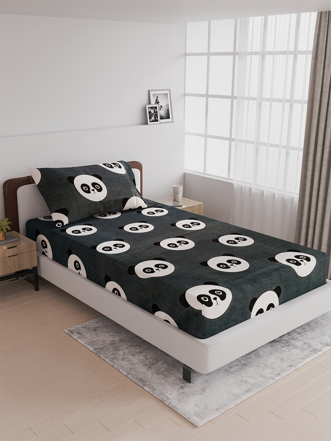 

LABHAM Blue & White Cartoon Characters 180 TC Single Bedsheet with 1 Pillow Covers