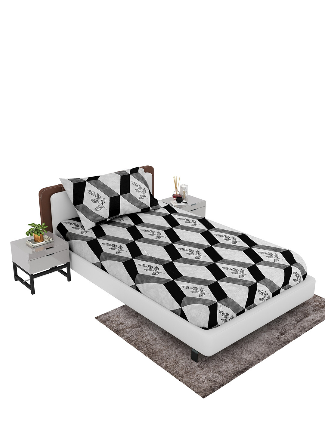

LABHAM White & Black Geometric 180 TC Single Bedsheet with 1 Pillow Covers