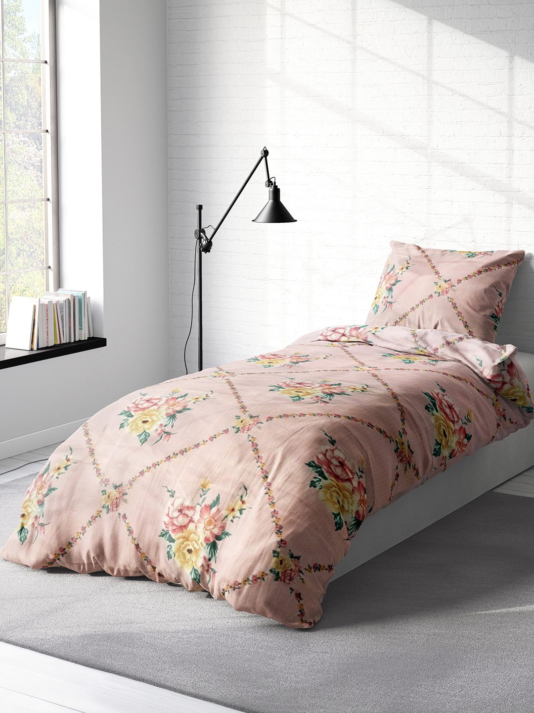 

LABHAM Pink & Yellow Floral 180 TC Single Bedsheet with 1 Pillow Covers