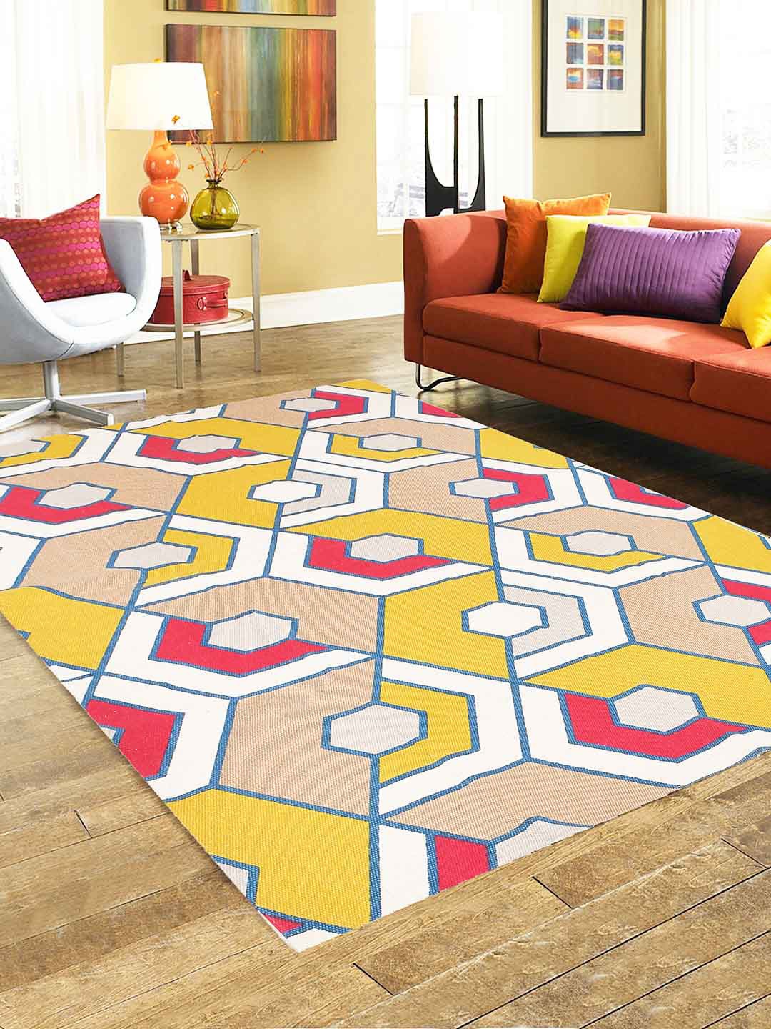 

BLANC9 Yellow & White Geometric Printed Cotton Carpet
