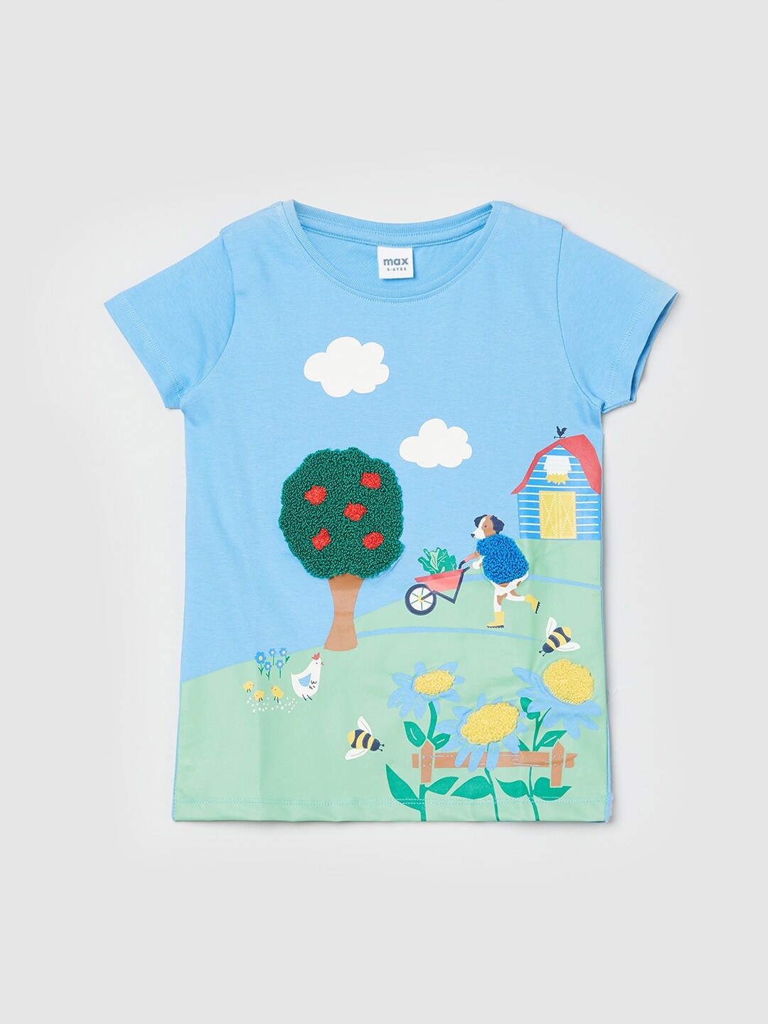 

max Girls Blue Printed Applique T-shirt