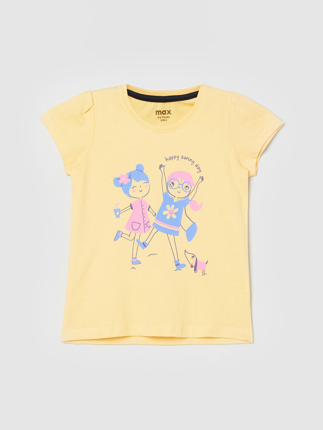 

max Girls Yellow Typography Printed V-Neck Extended Sleeves T-shirt