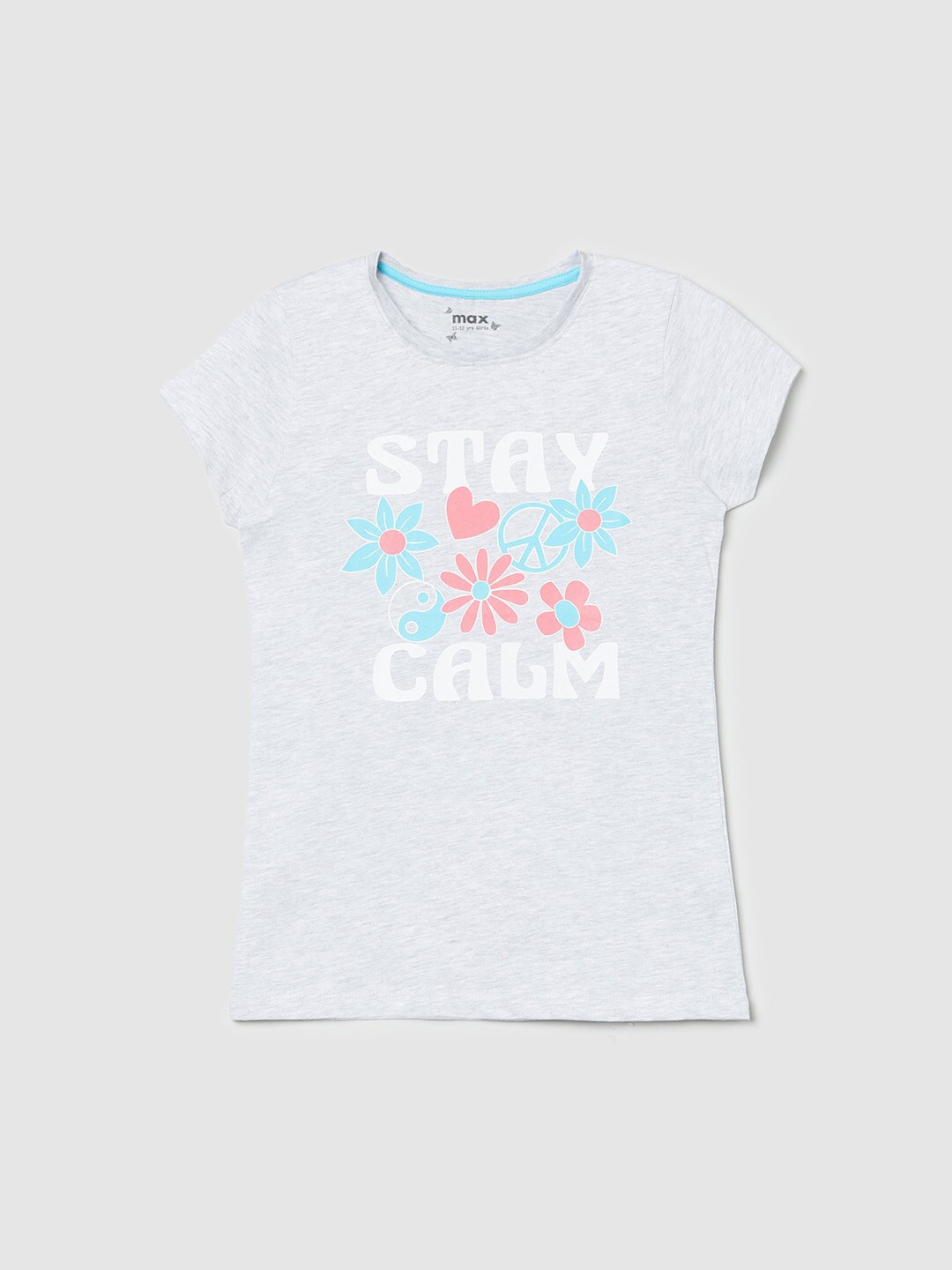 

max Girls Blue Floral Printed Extended Sleeves Applique T-shirt