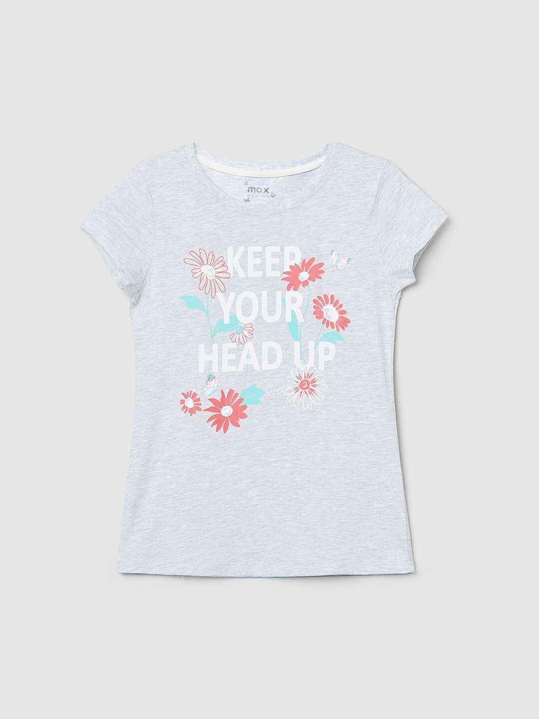 

max Girls Blue Floral Printed Extended Sleeves T-shirt