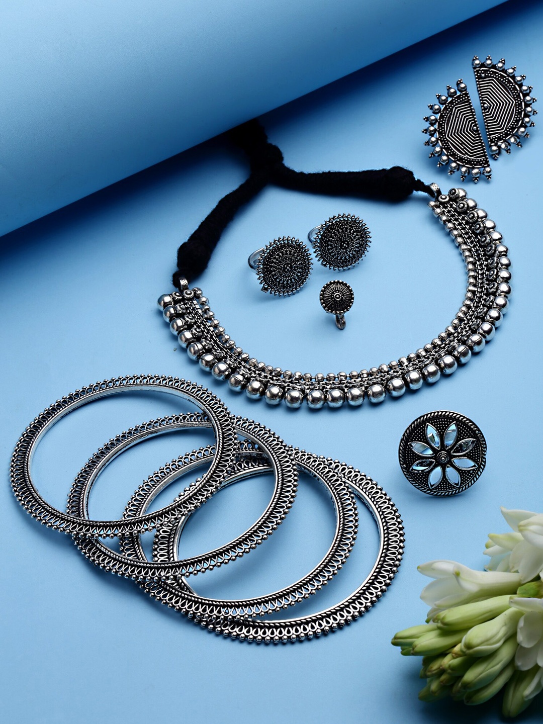 

KARATCART Oxidised Silver-Plated Combo Tribal Jewellery Set