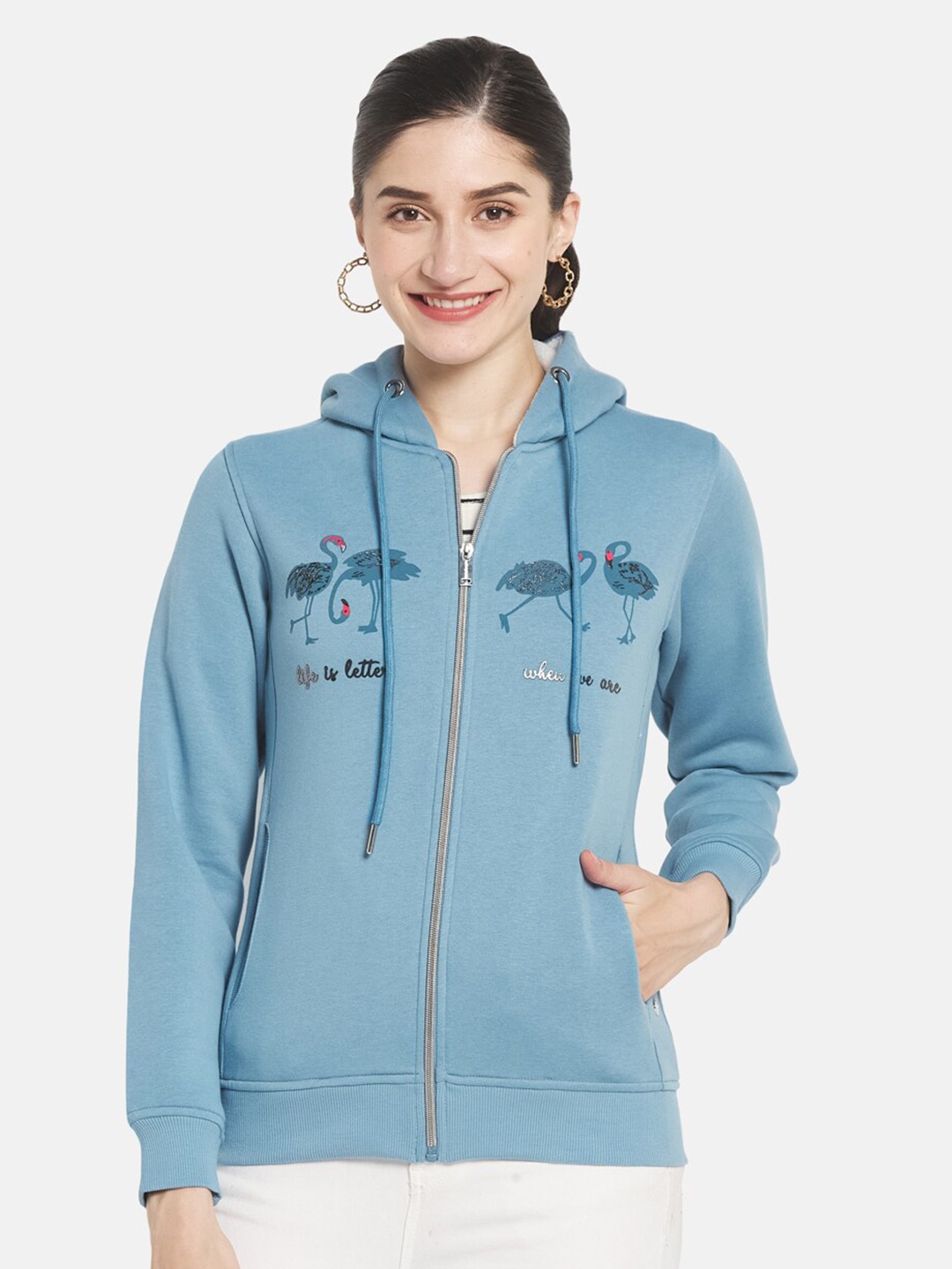 

Monte Carlo Women Blue Printed Hooded Sweatshirt