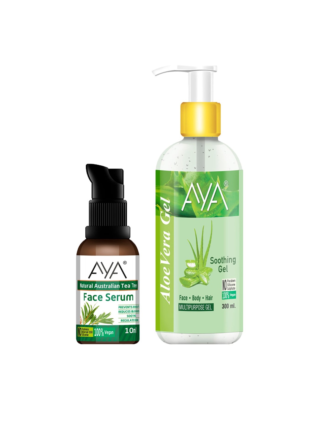 

AYA Set Of Aloe Vera Soothing Gel 300ml & Tea Tree Face Serum 10ml, Green