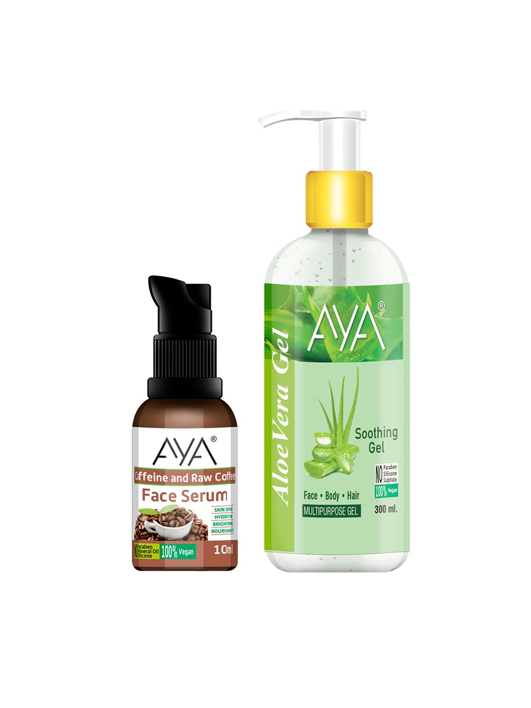 

AYA Set Of Aloe Vera Soothing Gel 300ml & Caffeine Face Serum 10ml, Green