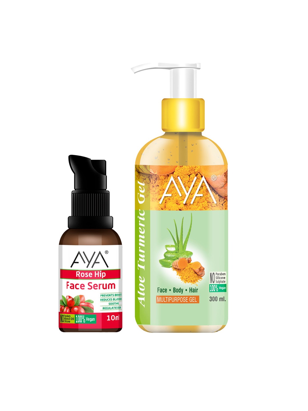 

AYA Set Of Aloe Turmeric Multipurpose Gel 300ml & Rose Hip Face Serum 10ml, Orange