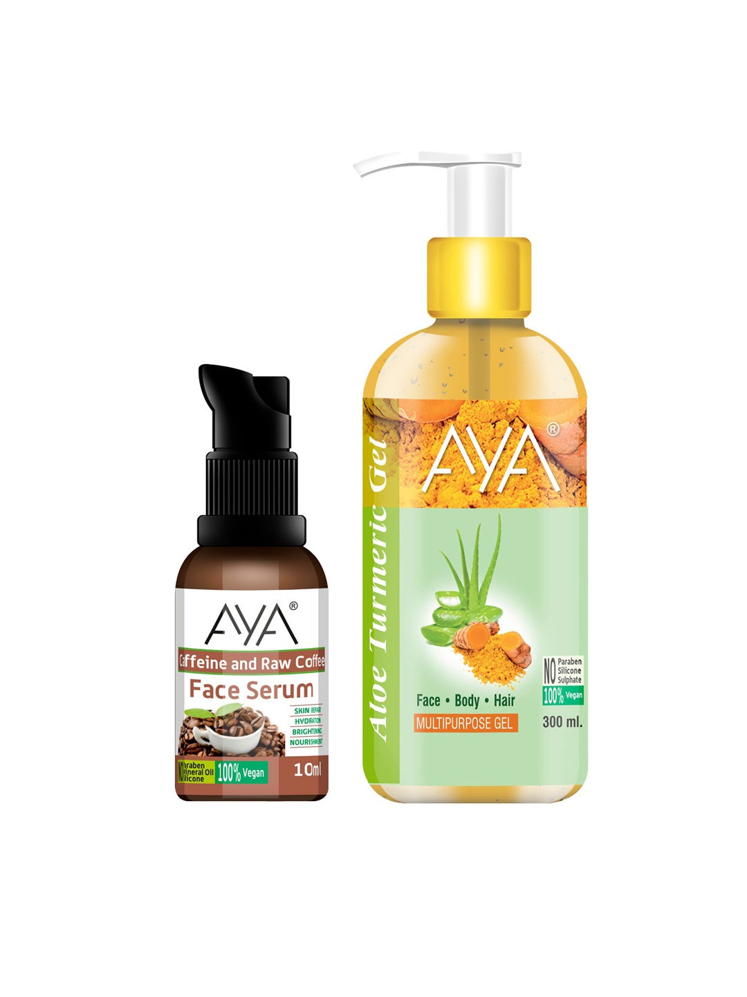 

AYA Set Of Aloe Turmeric Multipurpose Gel 300ml & Caffeine Face Serum 10ml, Orange