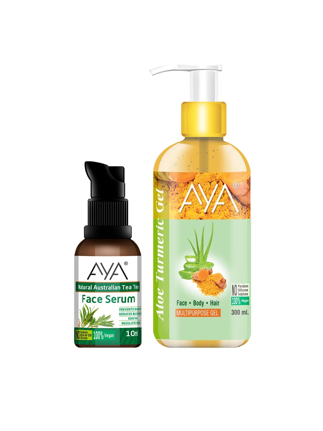 

AYA Set Of Aloe Turmeric Multipurpose Gel 300ml & Tea Tree Face Serum 10ml, Yellow