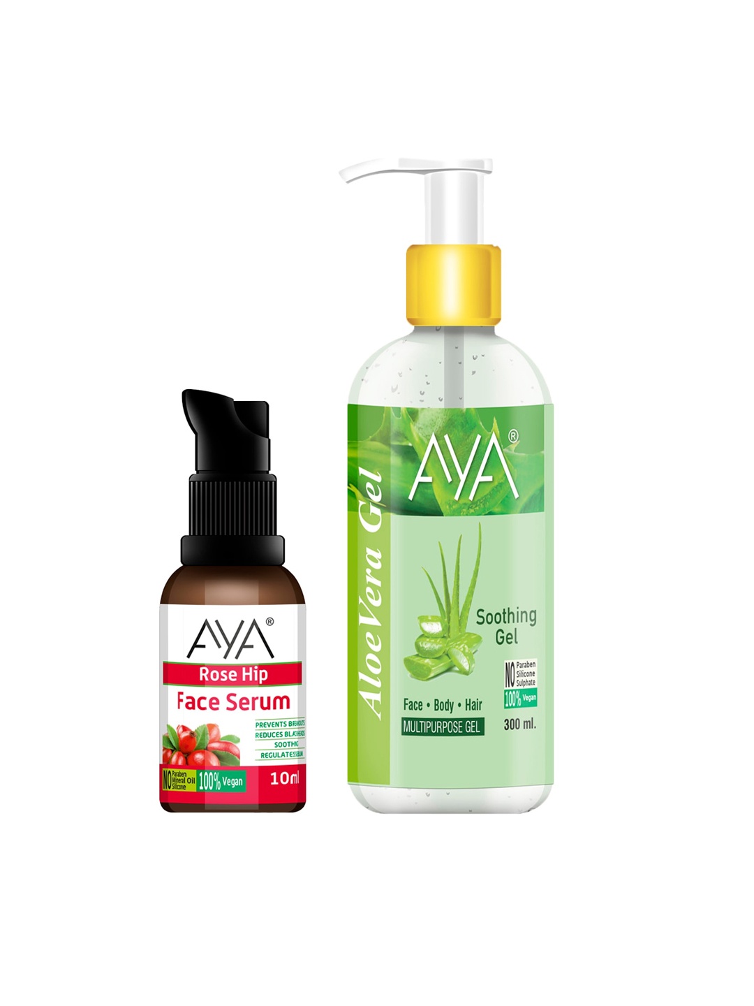 

AYA Set Of Aloe Vera Soothing Gel 300ml & Rose Hip Face Serum 10ml, Green