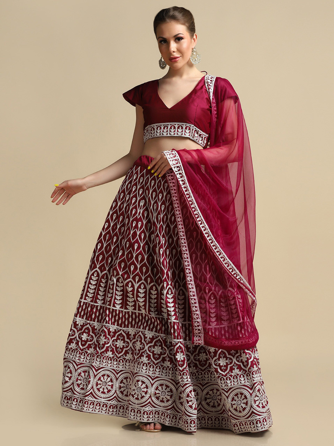 

Atsevam Purple & Silver-Toned Embroidered Thread Work Tie and Dye Semi-Stitched Lehenga & Unstitched Blouse