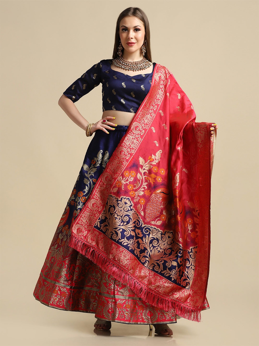

Atsevam Blue & Pink Semi-Stitched Lehenga & Unstitched Blouse With Dupatta