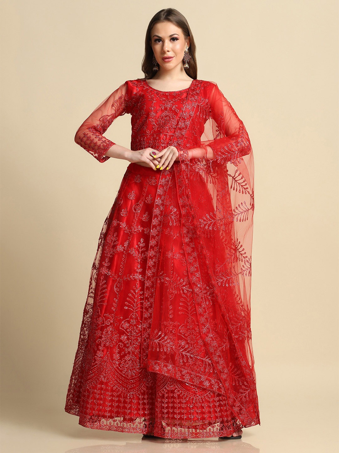 

Atsevam Red & White Embroidered Thread Work Tie and Dye Semi-Stitched Lehenga & Unstitched Blouse With