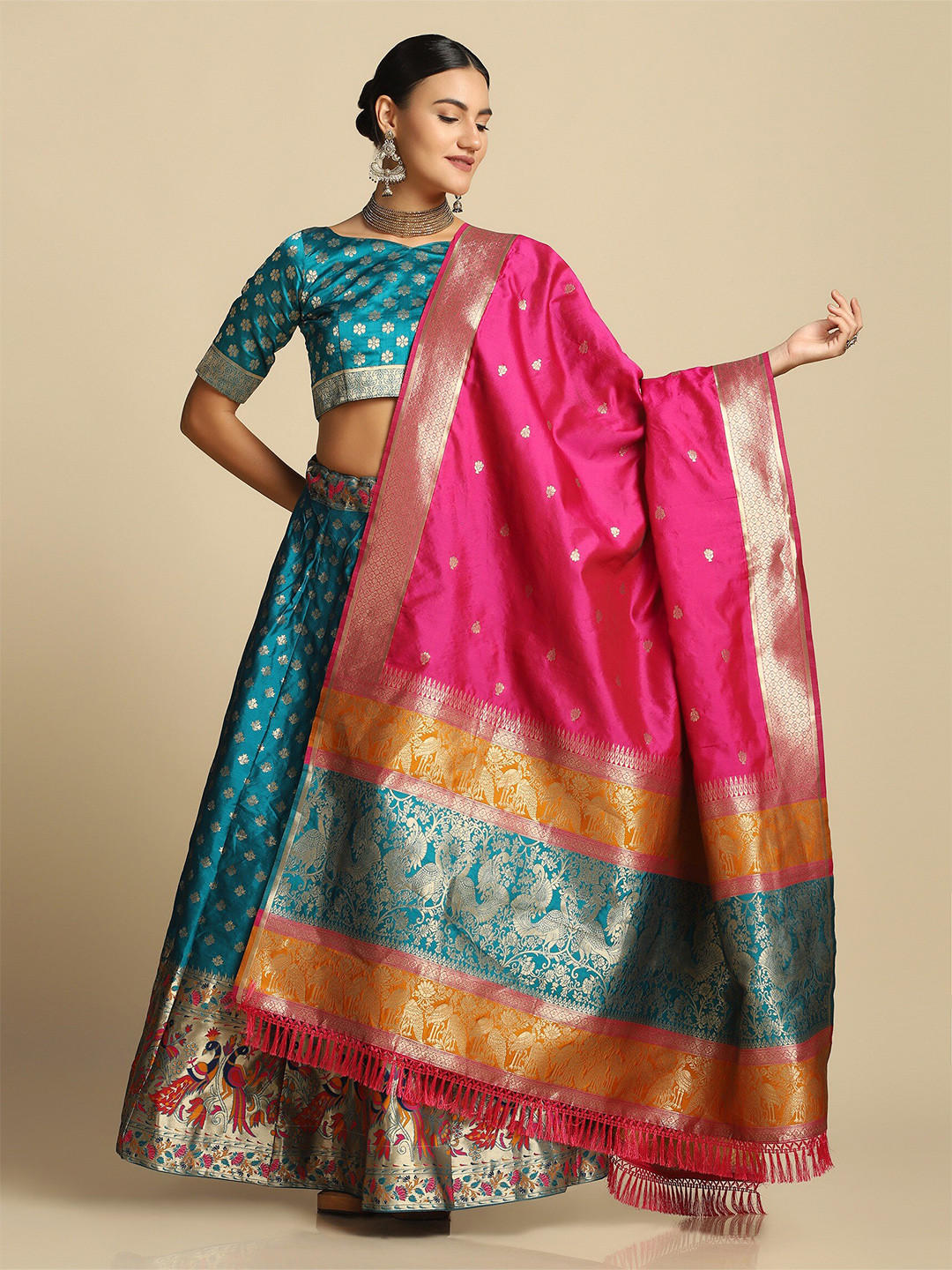

Atsevam Turquoise Blue & Pink Semi-Stitched Lehenga & Unstitched Blouse With Dupatta