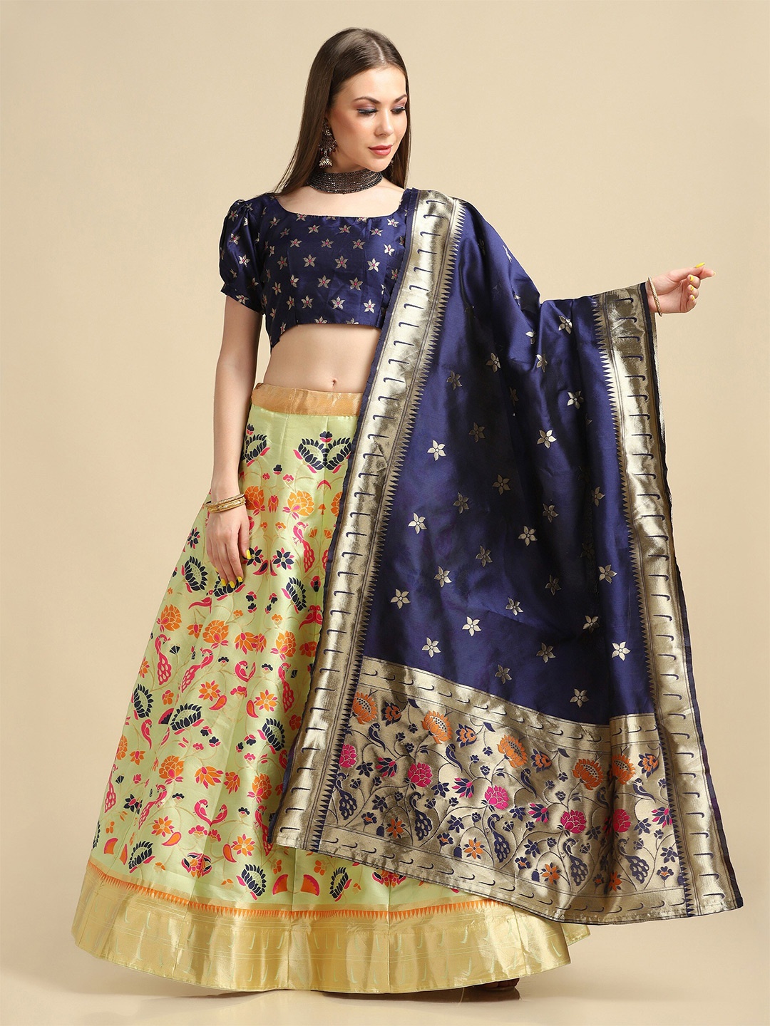 

Atsevam Green & Navy Blue Tie and Dye Semi-Stitched Lehenga & Unstitched Blouse With Dupatta