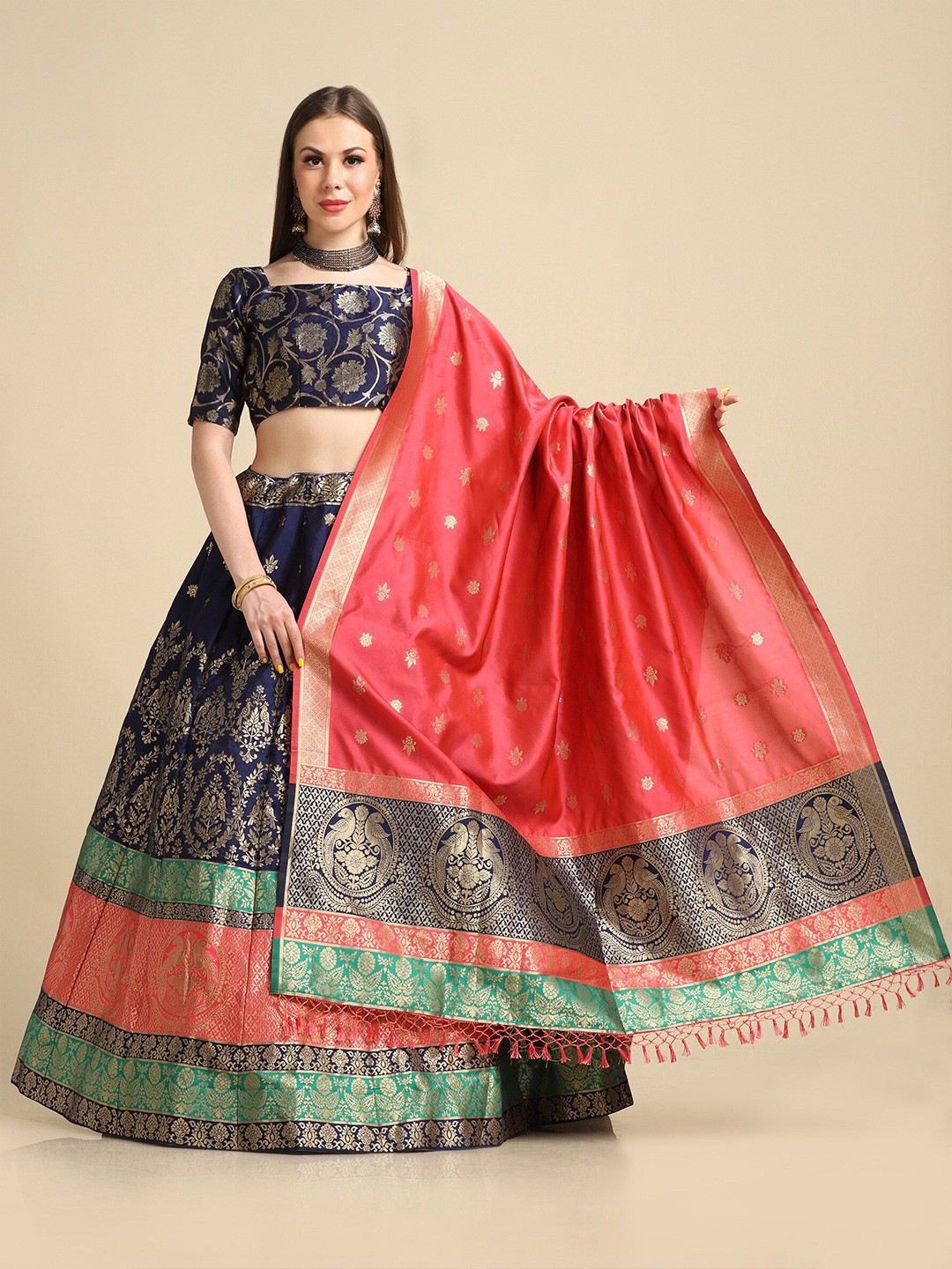 

Atsevam Blue & Green Semi-Stitched Lehenga & Unstitched Blouse With Dupatta