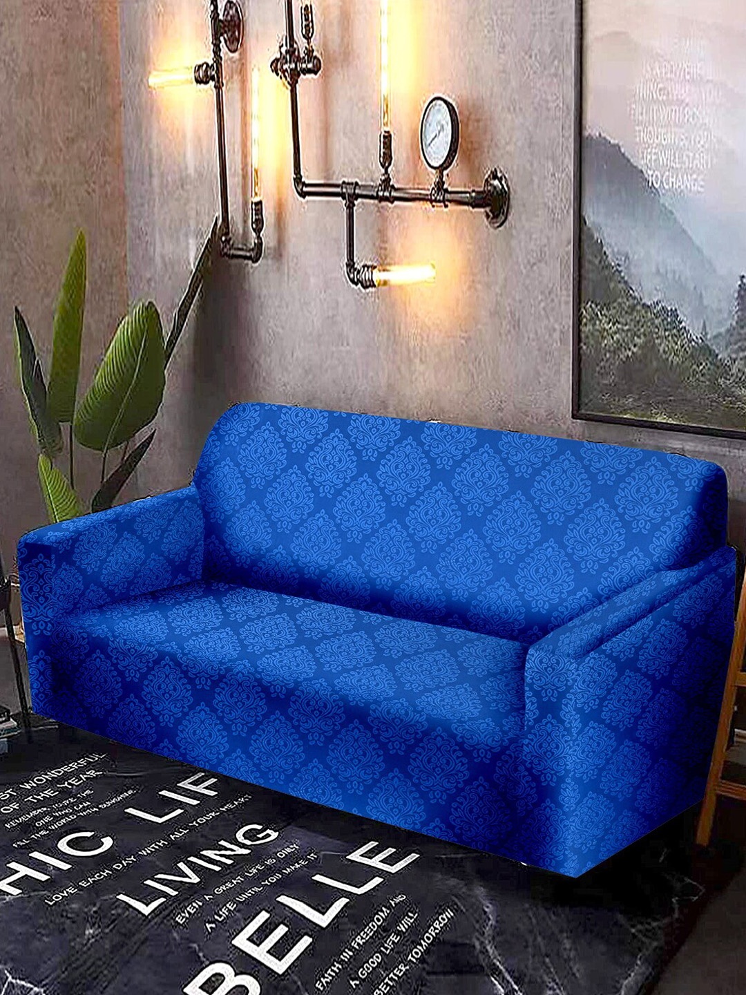 

Cortina Dark Blue Emboss Printed 4-Seater Stretchable Non-Slip Sofa Slipcover