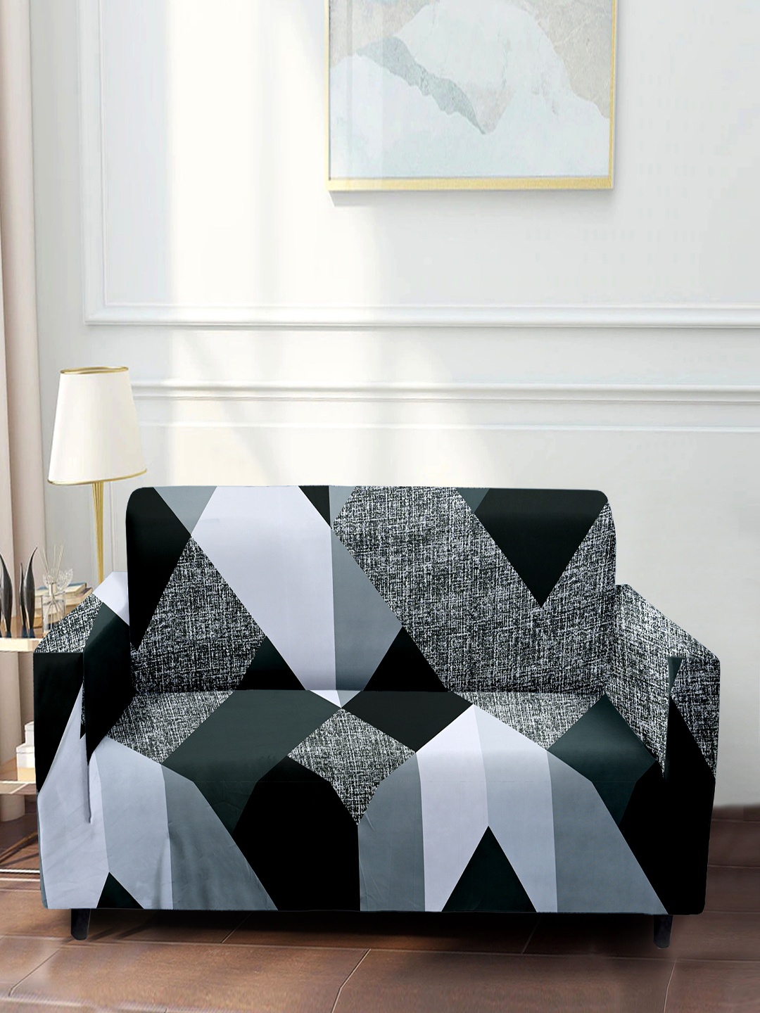 Cortina Grey & Black Printed 4 Seater Stretchable Non-Slip Sofa Cover