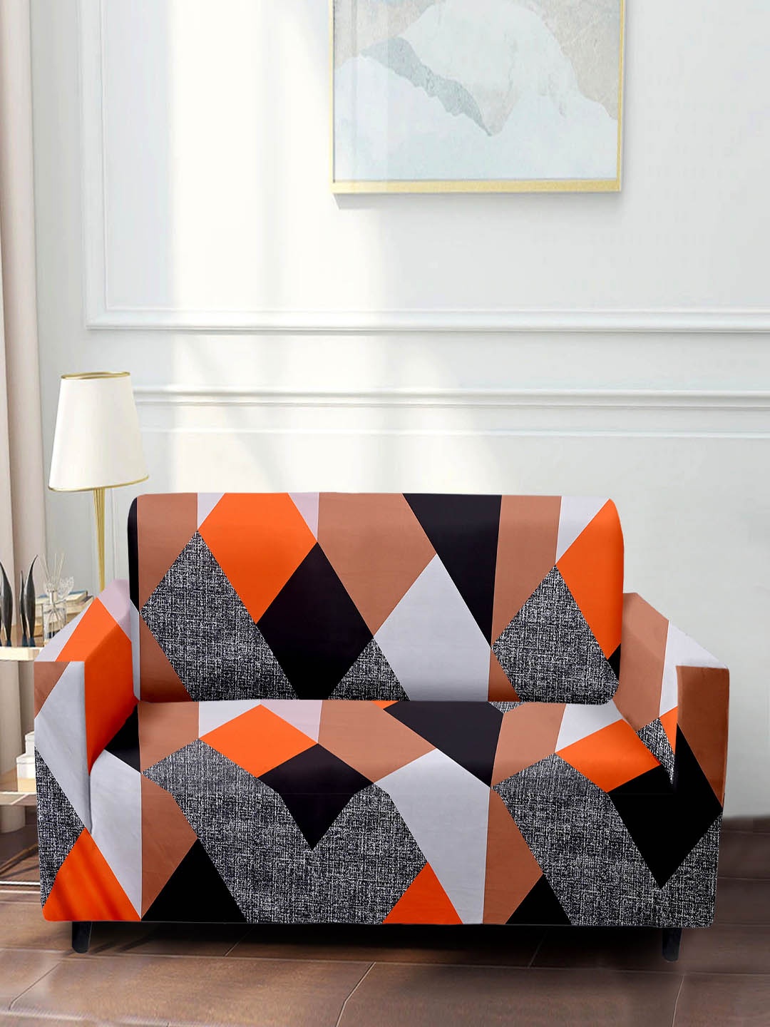Cortina Orange & Black Printed 4-Seater Sofa Cover