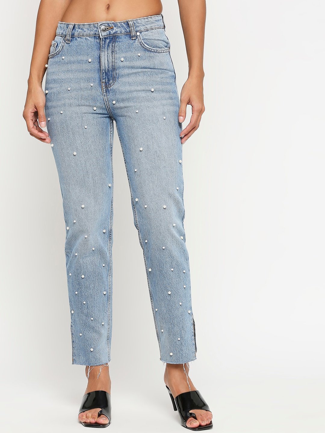 

LOVEGEN Women Blue Beaded Pure Cotton High-Rise Light Fade Jeans