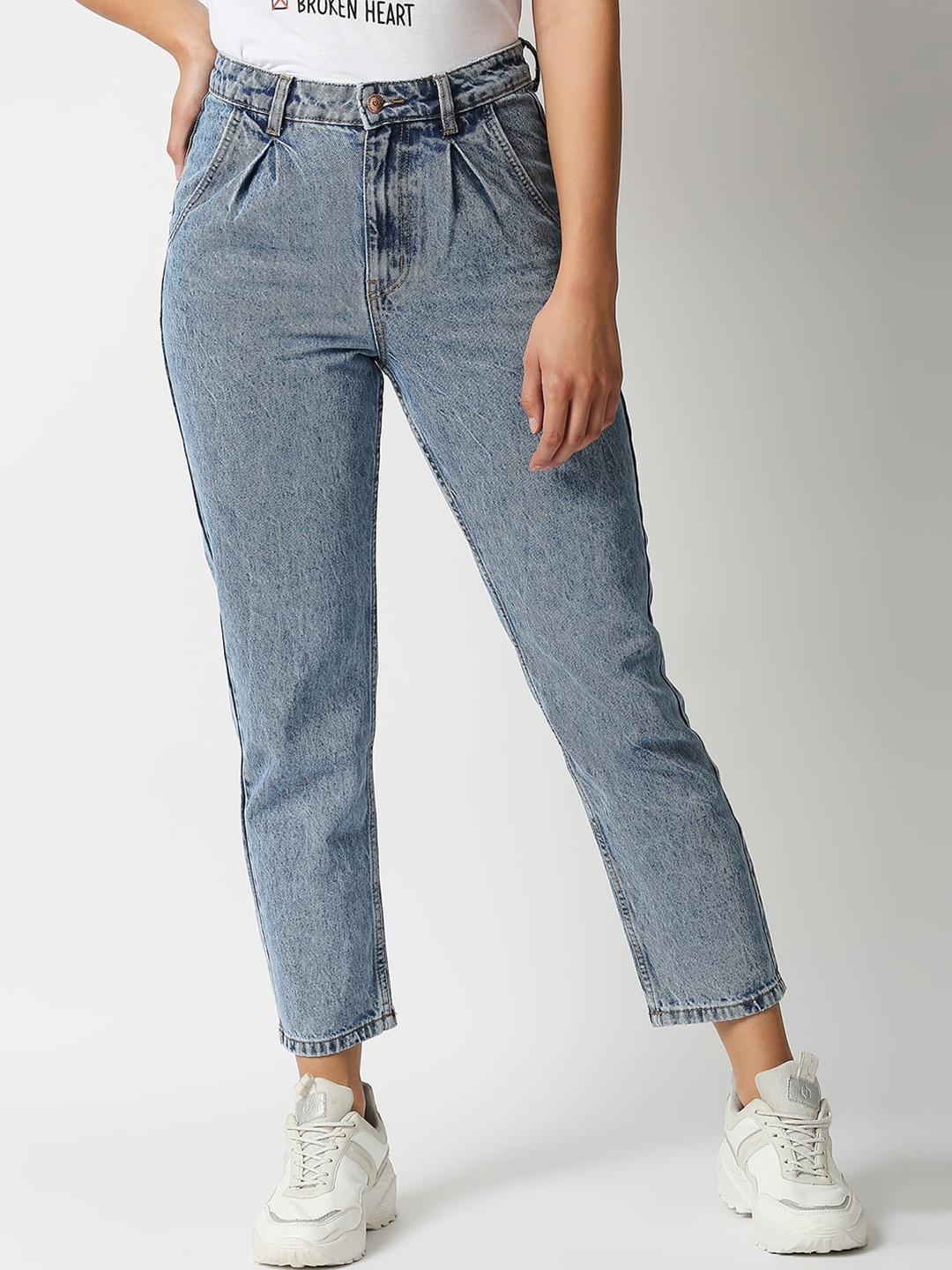 

LOVEGEN Women Blue Pure Cotton High-Rise Light Fade Pleat Mom Stretchable Jeans