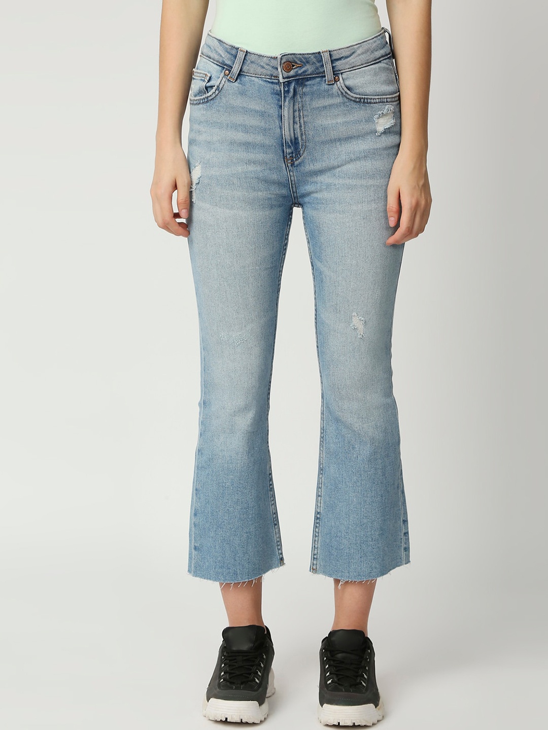 

LOVEGEN Women Blue Flared Low Distress Cropped Light Fade Stretchable Flare Jeans