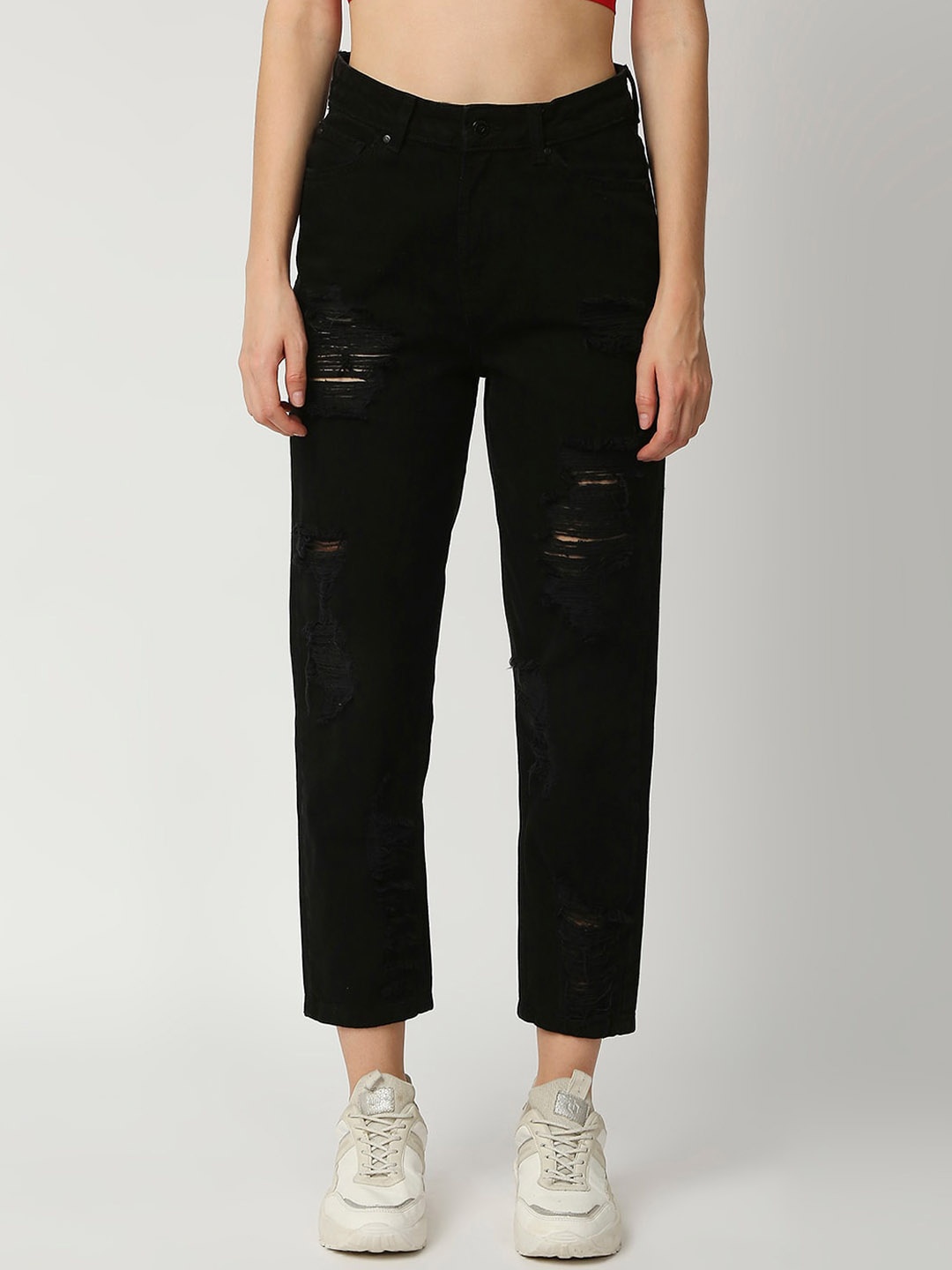 

LOVEGEN Women Black Pure Cotton High-Rise Mildly Distressed Mom Fit Jeans