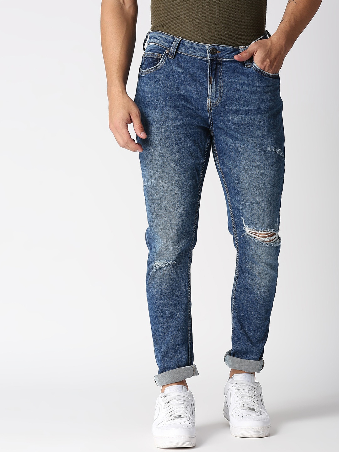 

LOVEGEN Men Blue Slim Fit Slash Knee Light Fade Jeans