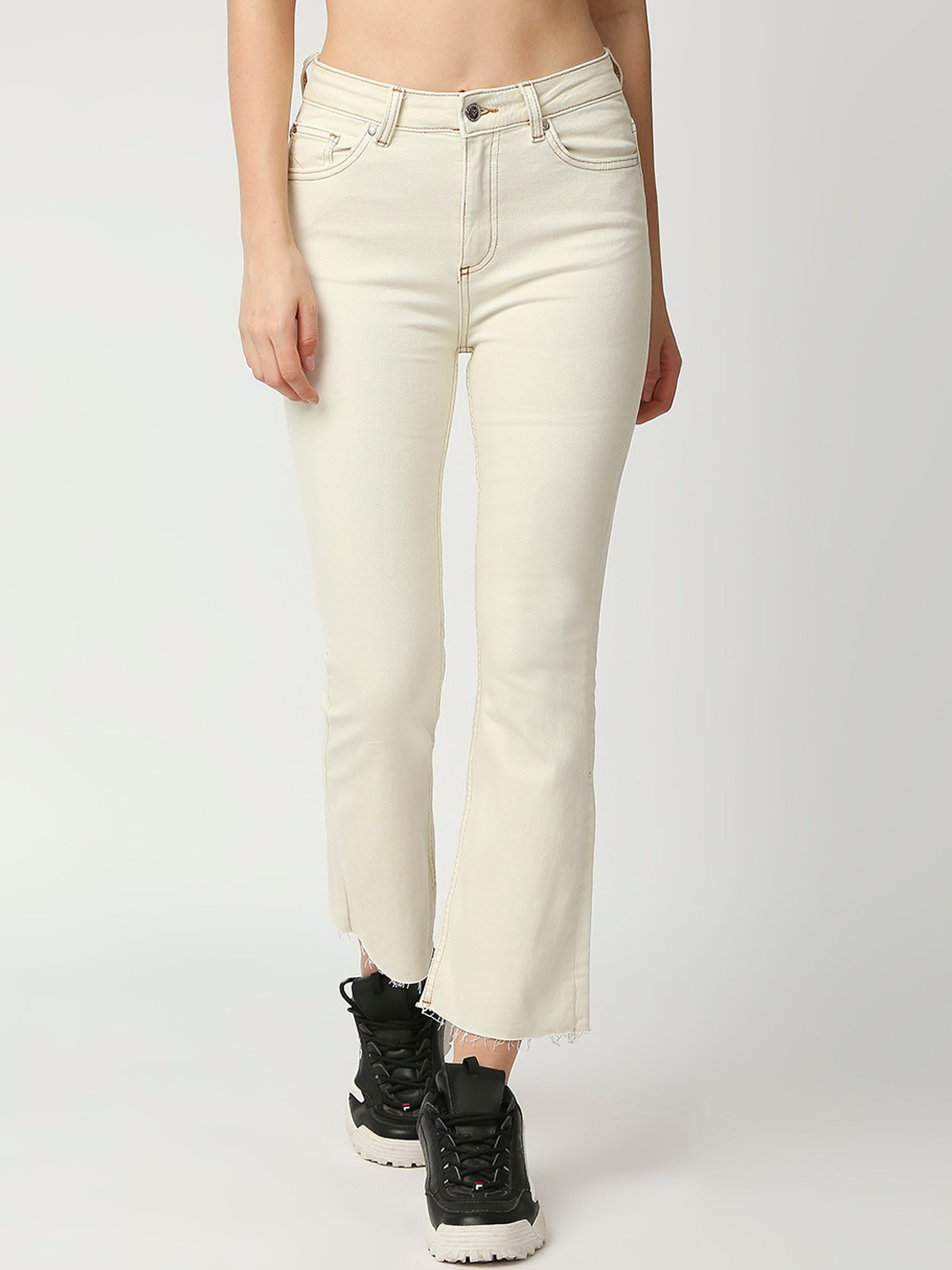 

LOVEGEN Women Off White Flared Stretchable Flared Cropped Jeans