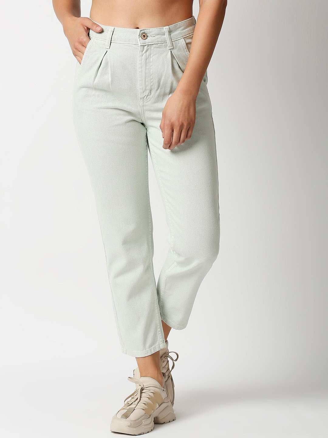 

LOVEGEN Women Sea Green Pure Cotton High-Rise Mom Jeans