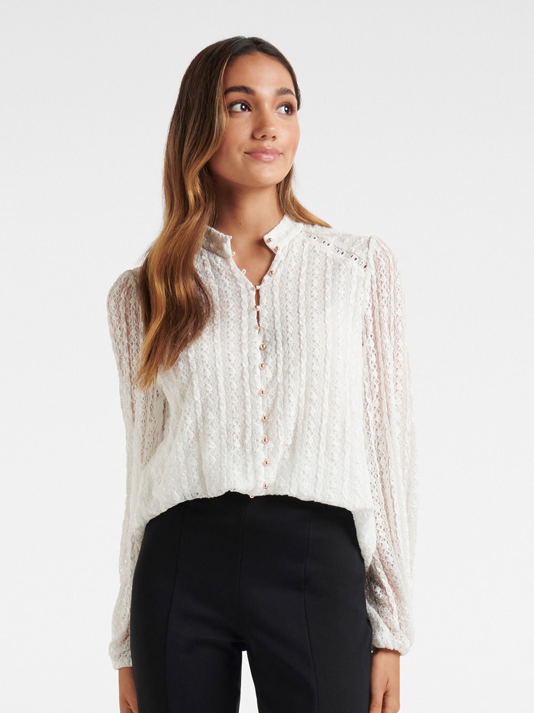 

Forever New White Mandarin Collar Lace Shirt Style Top