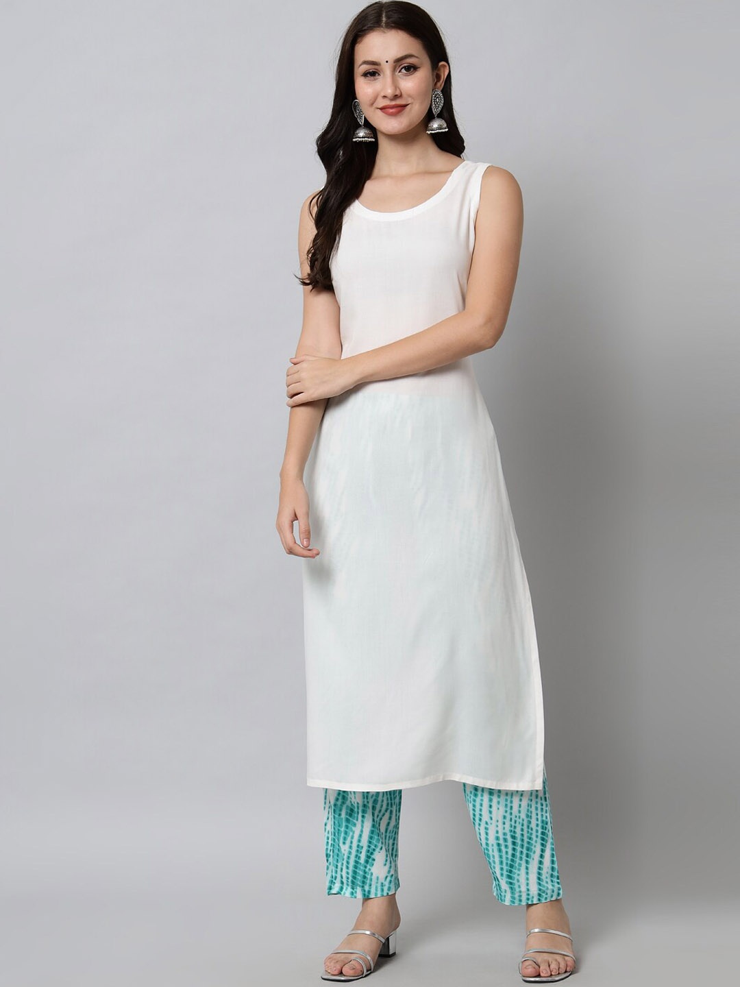 

KALINI Women White & Blue Viscose Rayon Straight Kurta with Trousers