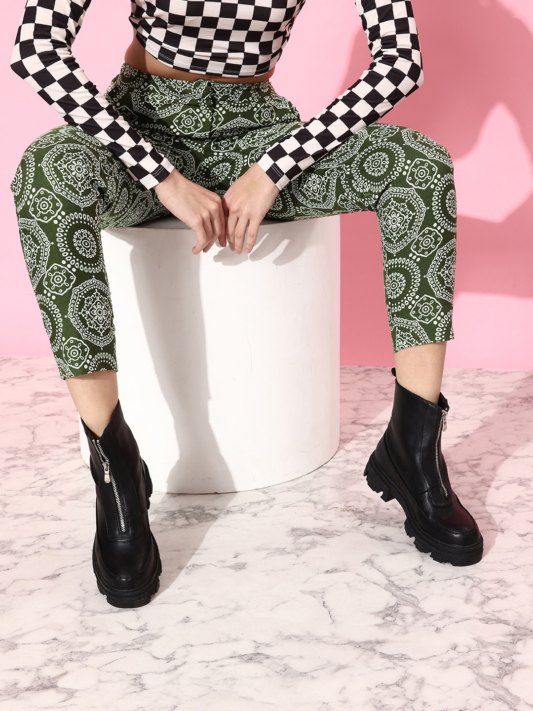 

KASSUALLY Women Lovely Olive Ethnic Motifs Print Mix Trousers