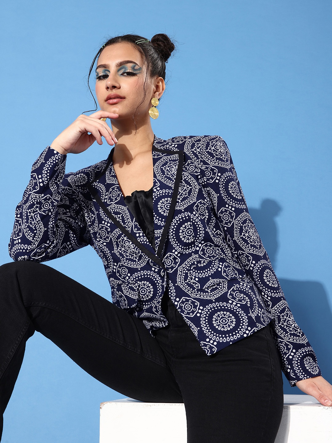 

KASSUALLY Women Navy Blue Suit Up Ethnic Motifs Blazer