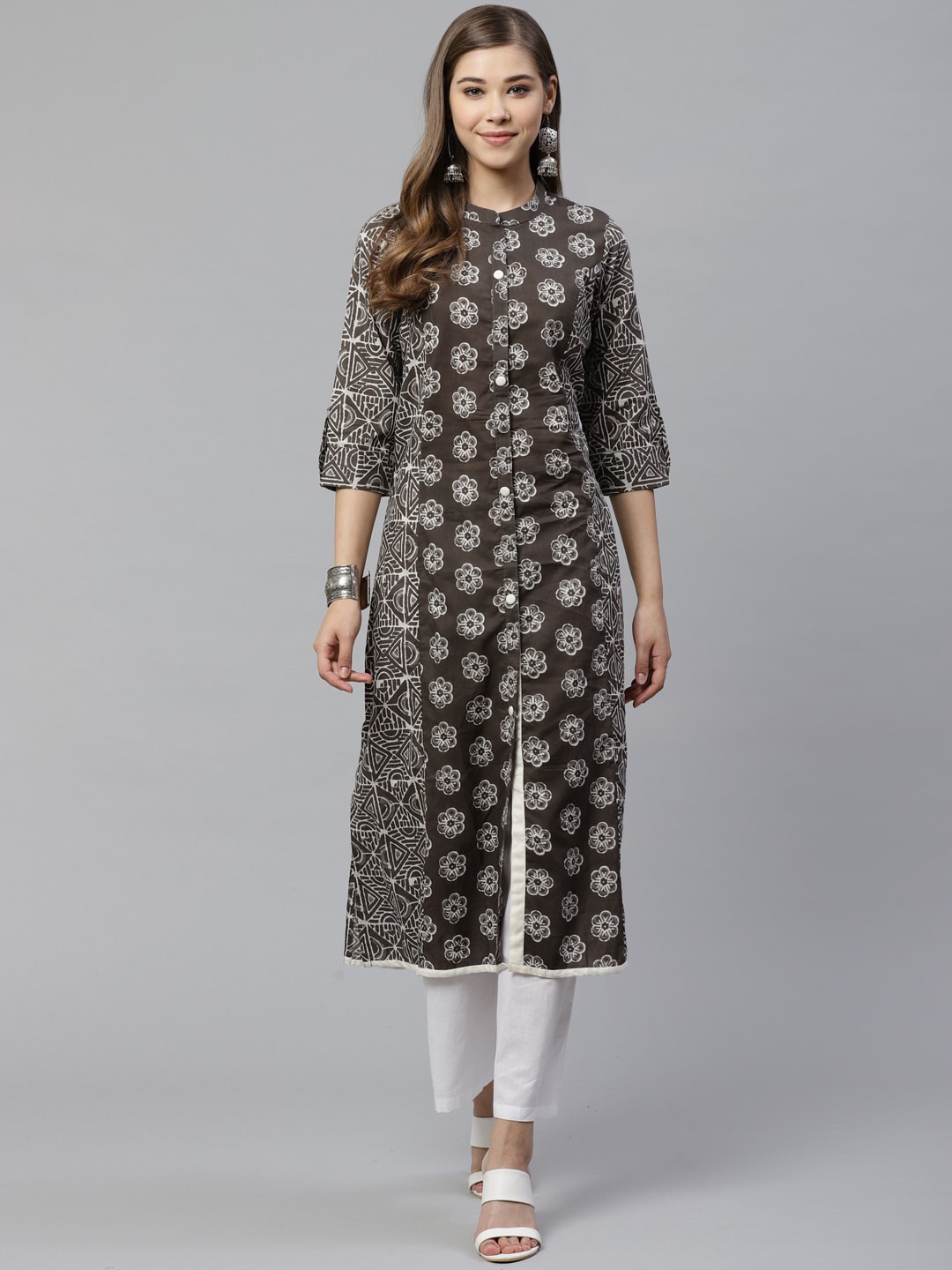 

Divena Women Ethnic Motifs Printed A-Line Cotton Kurta, Grey