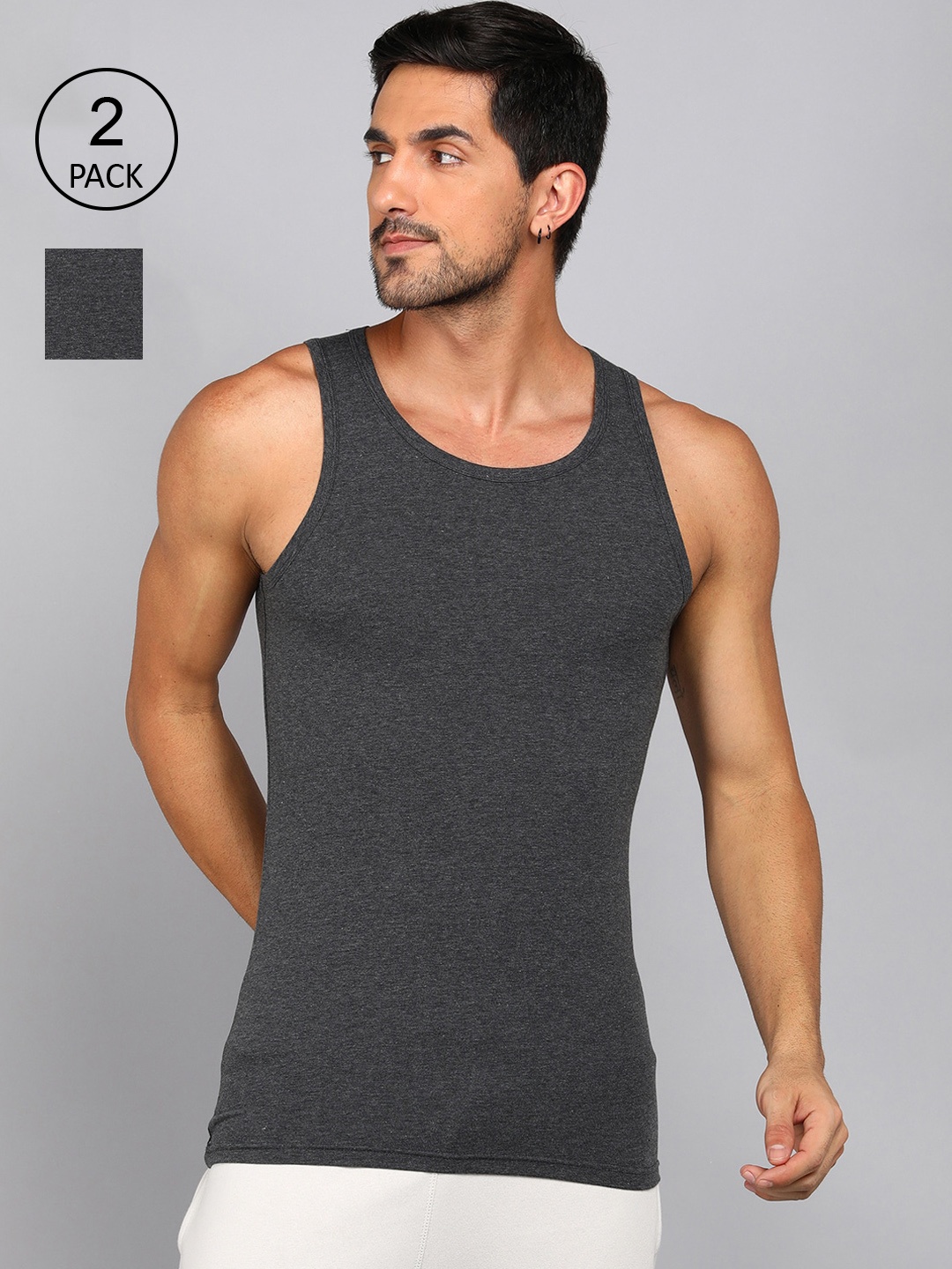 

Roadster Men Pack Of 2 Charcoal Solid Pure Cotton Innerwear Vest