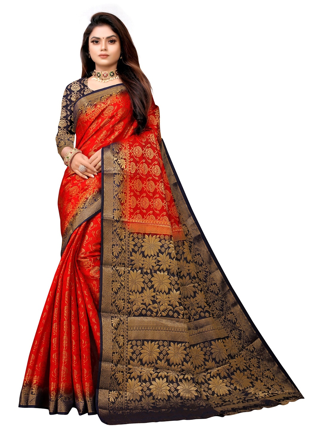 

eshami Red & Navy Blue Woven Design Zari Silk Blend Saree