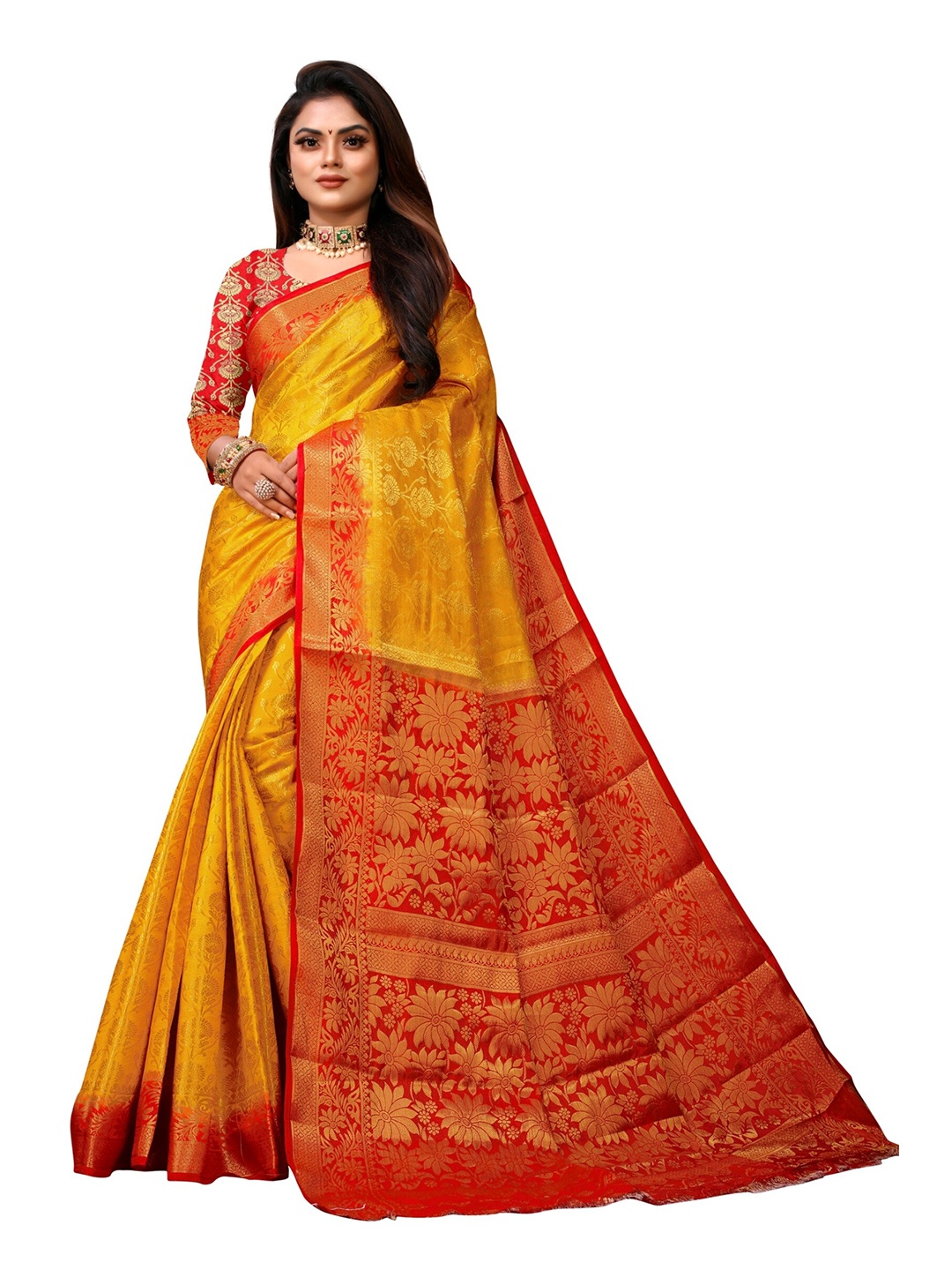 

eshami Mustard & Red Woven Design Zari Silk Blend Saree