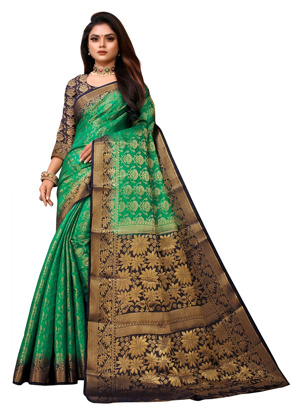 

eshami Green & Brown Woven Design Zari Silk Blend Saree