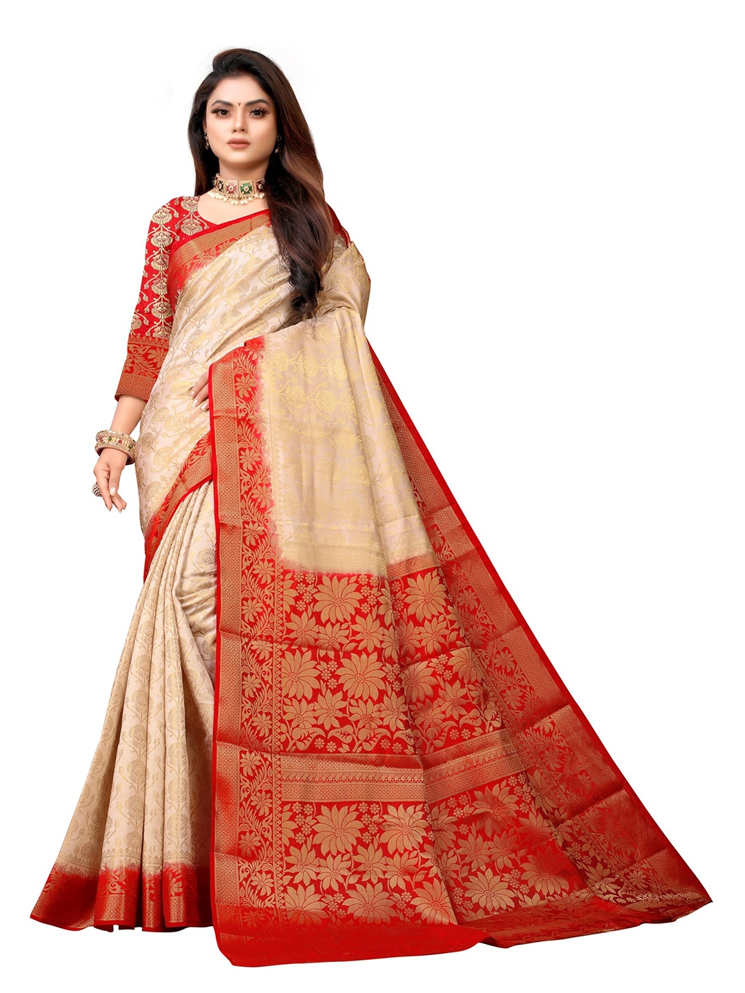 

eshami Beige & Red Woven Design Zari Silk Blend Saree