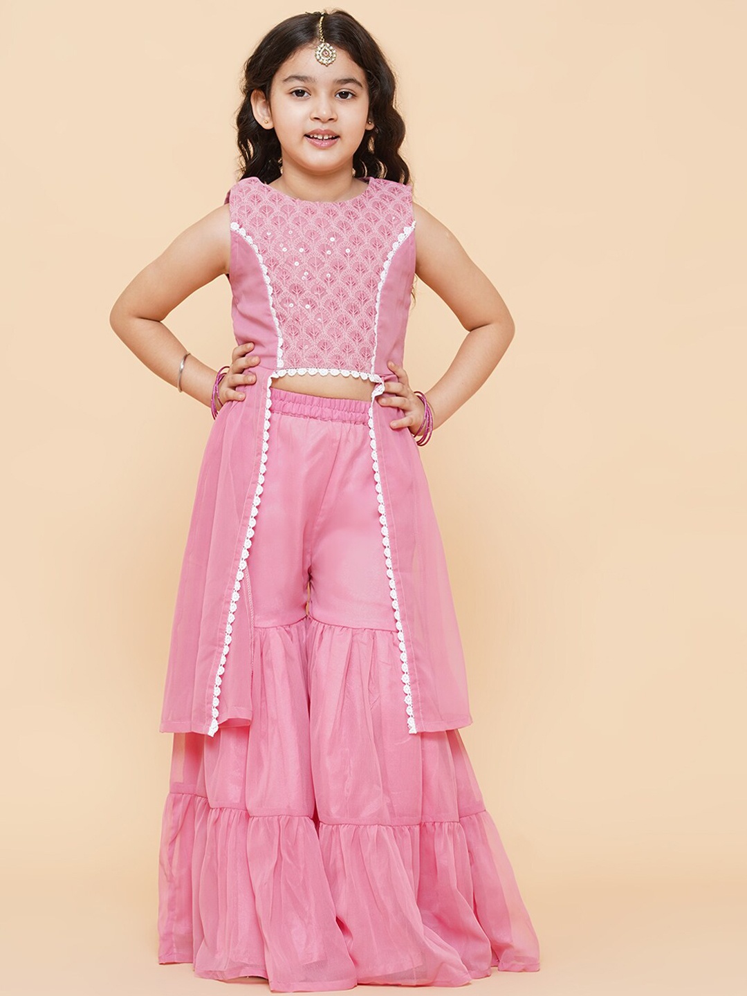 

Bitiya by Bhama Girls Pink Self Design Poly Georgette Kurta with Sharara