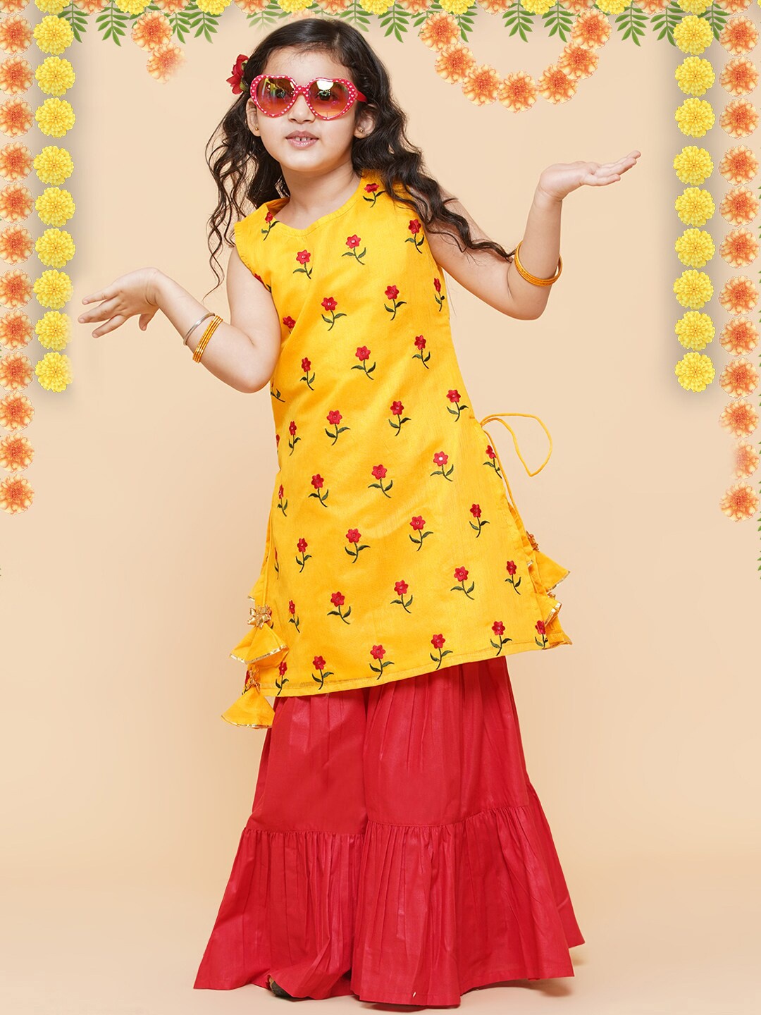 

Bitiya by Bhama Girls Yellow Floral Embroidered Chanderi Silk Kurta with Sharara