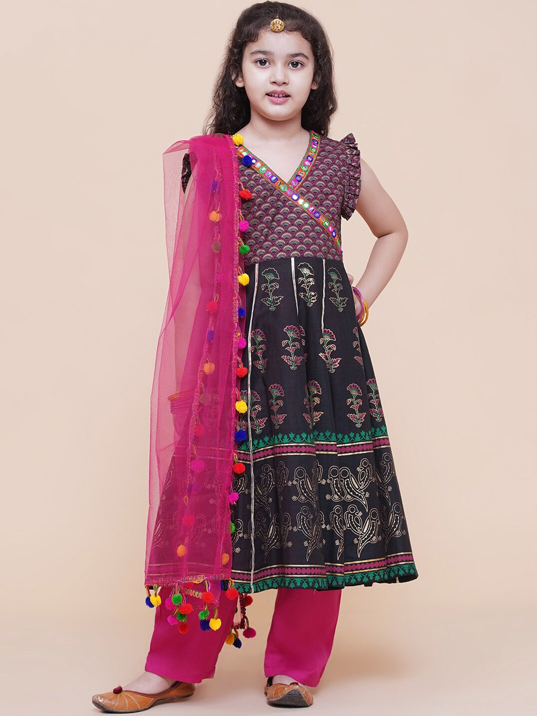 

Bitiya by Bhama Girls Black Foil Printed Empire Kurta with Trousers & With Dupatta