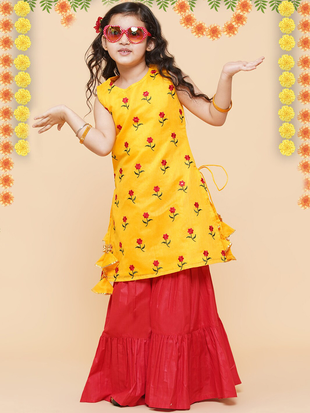 

Bitiya by Bhama Girls Yellow Floral Embroidered Chanderi Silk Straight Kurta with Sharara